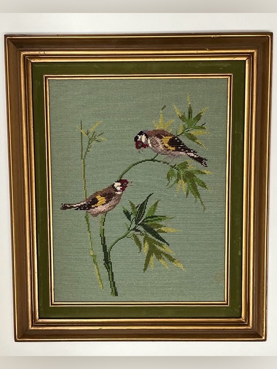 Other - Vintage Framed Petit Point Needlework – Two Birds on Bamboo ,Made in Mexico 1997